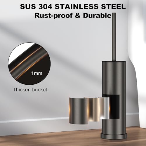Pewter Toilet Brush and Holder Set，Stainless Steel Heavy Duty Toilet Bowl Brush，Extra Long Handled Modern Toilet Cleaner Brush with Replaceable Head, Removable Inner Bowl, and Splash Protection - color: Pewter, size: 1 Pack