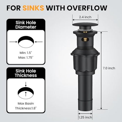 Bathroom Sink Drain with Overflow, Pop Up Drain for Bathroom Sink with Removable Hair Catcher, Matte Black 304 Stainless Steel Bathroom Sink Stopper, Fits 1-1/2" to 1-3/4" Drain Openings - color: Matte Black, style: Big Popup Cap