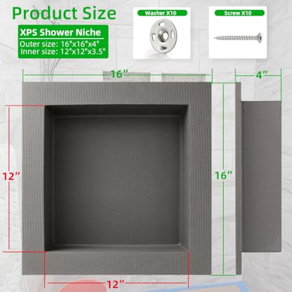 Shower Niche Insert Tile Ready 12"x12",Embedded Size 13"x13",Depth 4" | Niche for Shower Wall,Waterproof Ready to Tile Niches Single Recessed Shower Shelf for Bathroom Renovation/Soap Storage - size: Inner 12"x12"/Outer 16"x16"