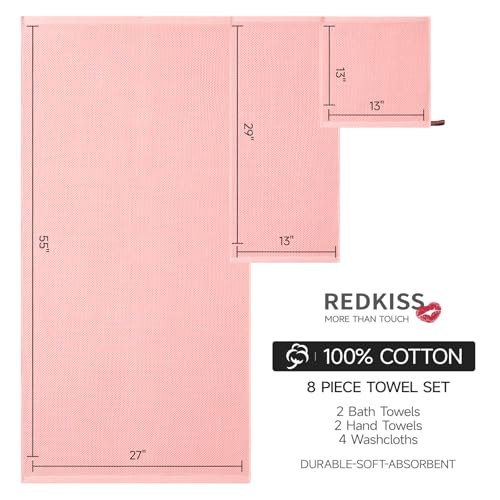 REDKISS Quick Dry Waffle Towel Set of 8, 100% Cotton,Lightweight & Highly Absorbent Waffle Towels for Bathroom, Spa, Gym, Pool-2 Bath Towels, 2 Hand Towels & 4 Washcloths,Pink - color: Pink