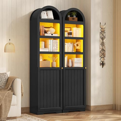 72" Tall Arched Narrow Bathroom Storage Cabinet with Lights, Slim Storage Cabinet with Adjustable Shelves for Small Spaces, Farmhouse Style (Black) - color: Black