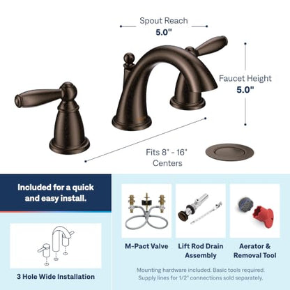 Moen Brantford Oil-Rubbed Bronze Two-Handle Widespread Bathroom Sink Faucet for 3-Hole Setups with Valve Included, TV6620ORB
