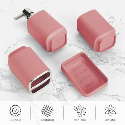 4Pcs Pink Bathroom Set, Square Boho Soap & Toothbrush Holder Set | Thick shatterproof ABS, electroplated rust-proof pump, drip-free, multi-slot holder, dustproof lids, easy-clean - color: Pink, size: 4PCS