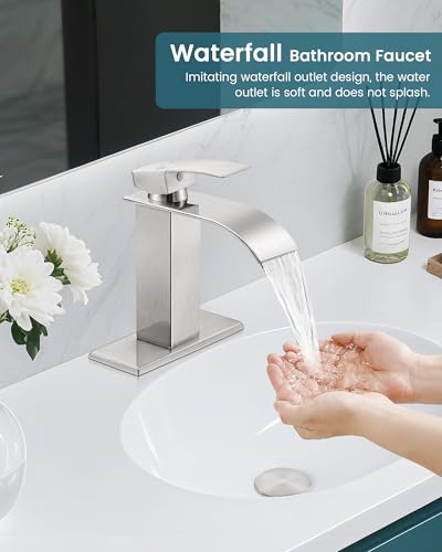 Bathroom Faucet Brushed Nickel Waterfall Single Handle Vanity Faucet | with Pop-up Drain & Deck,Supply Hoses,Stainless Steel Bathroom Sink Faucet 1 or 3 Hole,RV,Farmhouse Bathrooms - color: A-Brushed Nickel, style: Short