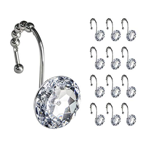 Sunlit Luxury Design Round Clear Diamond Crystal Gem Bling with Glide Balls Shower Curtain Hooks, Rust Proof Metal Rhinestones Glam Shower Curtain Rings-12 Pack - color: Clear