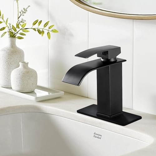 Sagetta Waterfall Bathroom Sink Faucet Single Hole Black with Three Hole Cover Deck Plate, Pop up Drain and Water Hoses Stainless Steel Vanity - color: Black, style: 1