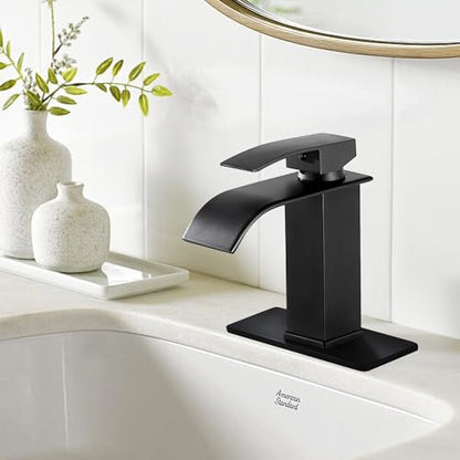 Sagetta Waterfall Bathroom Sink Faucet Single Hole Black with Three Hole Cover Deck Plate, Pop up Drain and Water Hoses Stainless Steel Vanity - color: Black, style: 1