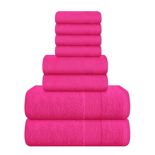 8 Piece Towel Set 100% Ring Spun Cotton, 2 Bath Towels 27x54, 2 Hand Towels 16x28 and 4 Washcloths 13x13 - Ultra Soft Highly Absorbent Machine Washable Hotel Spa Quality - Hot Pink - color: Hot Pink, size: 8 Piece Towel Set