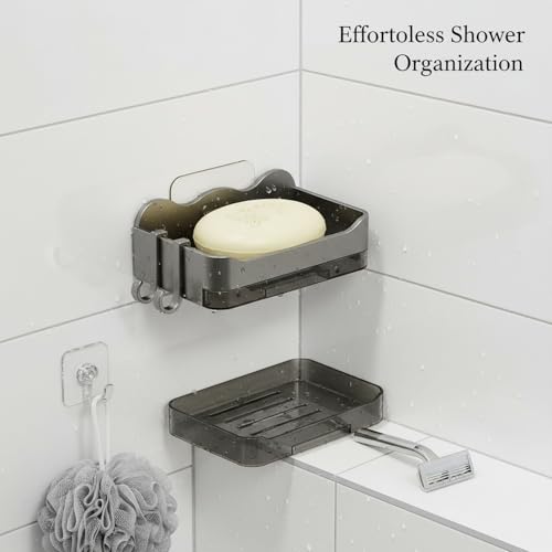 Suction Cup Soap Dish, Double Layer Wall Mount Holder for Shower & Sink, No Drill PP Plastic Drainage Tray (1 Pack) - color: Metallic