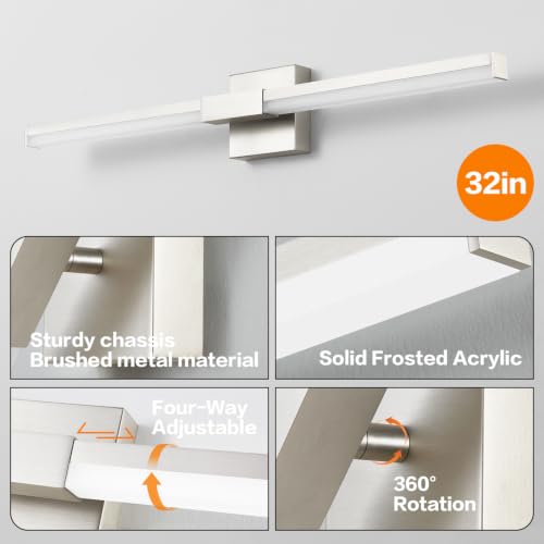 SOLFART Vanity Lighting Fixtures Dimmable: Brushed Nickel 32-Inch Detachable 4-Way Light Direction Bathroom Light Fixtures Over Mirror ETL IP44 - color: Brushed Nickel-6000K, 5-Step Brightness Control, size: 32 inch