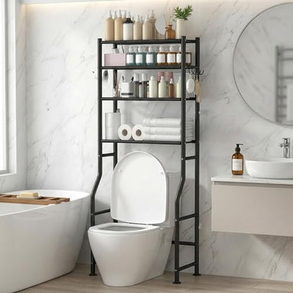 GloTika 4-Tier Over Toilet Storage, Anti-Tilt, 64" H, Black | Anti-Tilt Safety System, 150lb Capacity, Carbon Steel, Freestanding, No Drilling, Anti-Rust Coating, Paper Holder & 4 Hooks - color: Black, size: 4-Tier