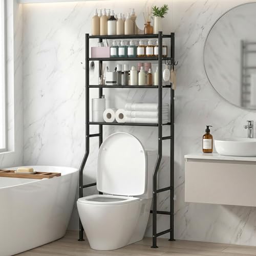 GloTika 4-Tier Over Toilet Storage, Anti-Tilt, 64" H, Black | Anti-Tilt Safety System, 150lb Capacity, Carbon Steel, Freestanding, No Drilling, Anti-Rust Coating, Paper Holder & 4 Hooks - color: Black, size: 4-Tier