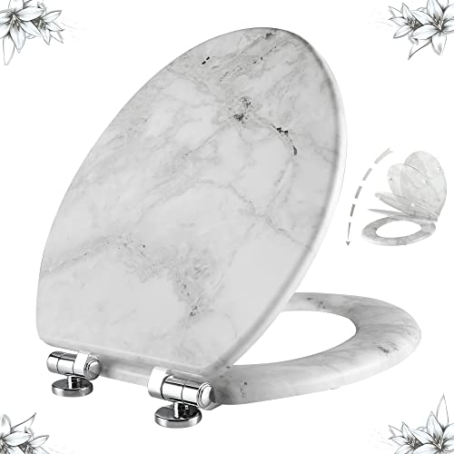 Angel Shield Marble Toilet Seat Durable Molded Wood with Quiet Close,Easy Clean Quick-Release Hinges (Elongated,Gray Marble) - color: Gray Marble-Elongated, size: Elongated-18.5”