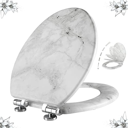 Angel Shield Marble Toilet Seat Durable Molded Wood with Quiet Close,Easy Clean Quick-Release Hinges (Elongated,Gray Marble) - color: Gray Marble-Elongated, size: Elongated-18.5”
