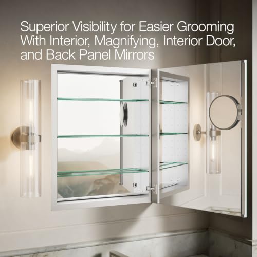 Kohler 99007-NA Verdera® Recessed or Surface Mount Bathroom Medicine Cabinet with Mirror, Bathroom Wall Cabinet with Interior Magnifying Mirror, Slow-Close Doors, 24 in. W x 30 in. H - size: 24" W x 30"H, style: Magnifying Mirror + Slow Close