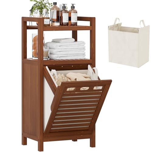 Tilt Out Laundry Hamper, 10 Gal Bamboo Laundry Storage Cabinet with Removable Basket, Hidden Hamper Organizer with Shelf for Dirty Clothes, Bathroom, Laundry Room, Space Saving, Walnut - color: Walnut, size: Standard