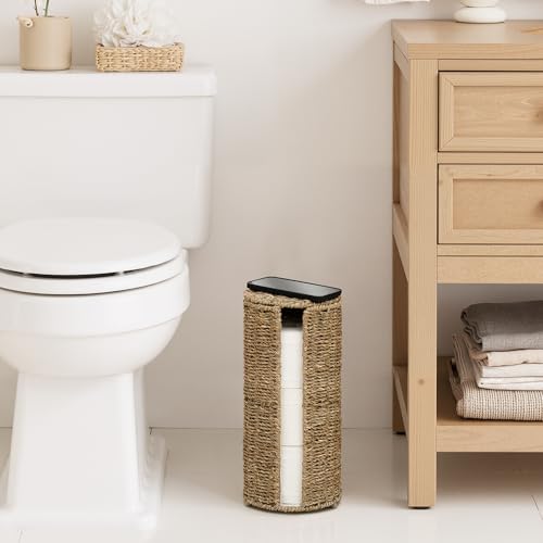 StorageWorks Seagrass Free Standing Toilet Paper Holder Stand for Bathroom, 3 Rolls of Toilet Tissue Storage with a Built-in Cloth Lining, Toilet Roll Holder Stand with Lid | 3 Rolls of Toilet Tissue Storage with a Built-in Cloth Lining, Toilet Roll Holde
