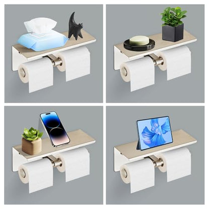 Brushed Double Paper Holder with Shelf, Toilet Roll Holder for Bathroom | Wall Mounted SUS 304 Stainless Steel Toilet Tissue Holder YIGUANXIN - color: Brushed