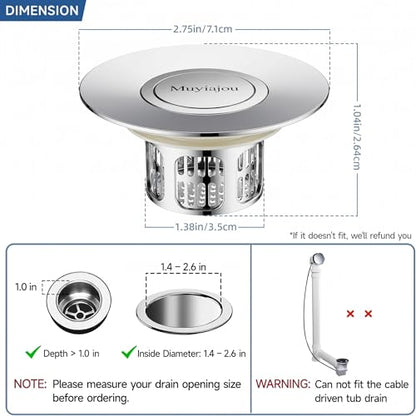 1.4"-2.6" Flip-Cover Bathtub Drain Stopper, 2 Strainers（1,Silver） | Flush-fit tool-free drain hair catcher, no springs, rustproof. Press to seal/drain, stops puddles. Durable - color: Flip Silver