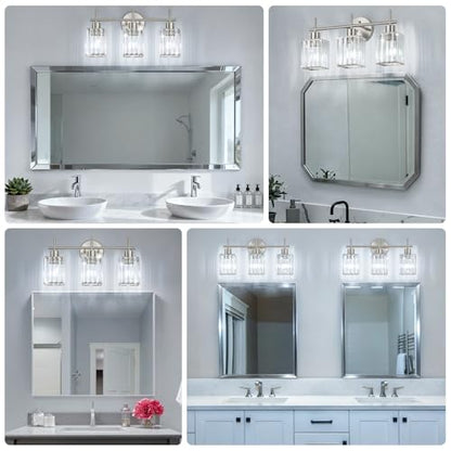 Brushed Nickel Bathroom Light Fixtures, Square, 3-Light | Vanity Lights with Crystal Shades, Modern Bathroom Lighting Fixtures over Mirror (Bulbs Not Included, E26) - color: Brushed Nickel (Square), size: 3-Light