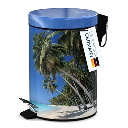 Sanilo Small Bathroom Trash Can with Lid [1.3 Gallon] - Lidded Tiny Trashcan for Garbage - Mini Metal Bin with Soft Closing Mechanism - Bath Room Accessoire Wastebin with Inner Bucket (Caribbean) - color: Caribbean