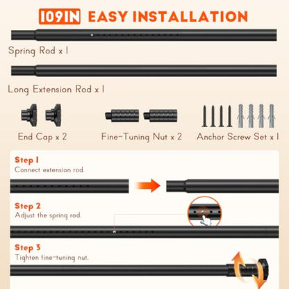 Tension Shower Curtain Rod, No Drilling, Adjustable 45-109 In, White | 1.26" Diameter Heavy Duty Tension Rod, Easy Install Renter Friendly Rustproof, Non-Slip for Window Living Room Divider Patio - color: Black, size: 45-109"