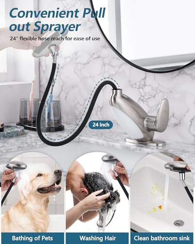 Pull Out LED Bathroom Faucet, 4 Modes Single Handle Waterfall Bathroom Sink Faucet, 3 Colors Light Changing Stainless Steel Bath Faucets, 360° Rotating LED Faucets 1 Hole, 1 Pack, Brushed Nickel - color: Brushed Nickel