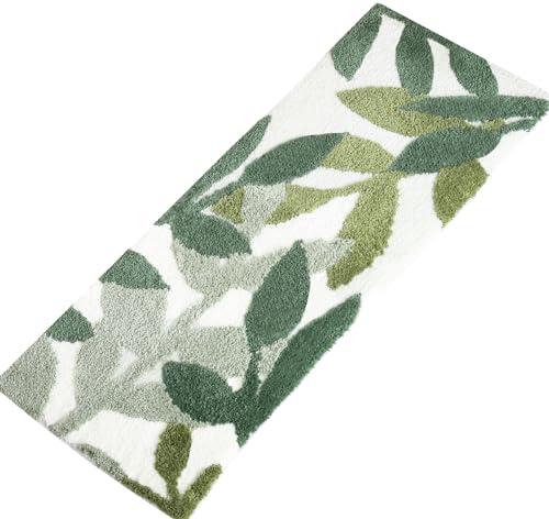 Long Bathroom Runner Rugs- Green Leaves Bathmats Strong Water Aabsorbent Bath Rug with Non Slip Back Large Cute Bathroom Mat for Bathtub Shower Wash Basin 17.5x47 IN/45x120 CM | Super Soft Strong Water Absorbent Bathmat Cute Bath Rug Leaf Bath Home Decor