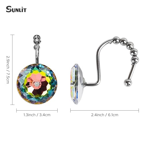 Sunlit Luxury Design Glitter Round Colorful Diamond Crystal Gem Bling with Glide Balls Shower Curtain Hooks, Rust Proof Metal Rhinestones Glam Shower Curtain Rings-12 Pack - color: Colorful