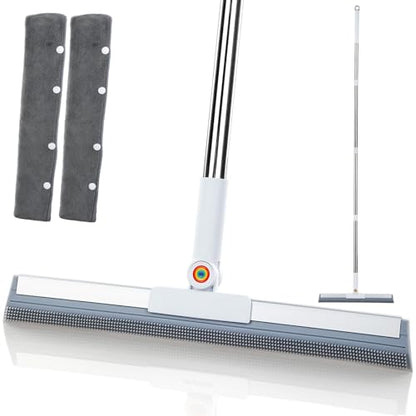 Magic Squeegee Broom for Floors, 62 in Handle, Rubber Pet Hair Remover | Works on tile, concrete, carpet and windows; includes 2 microfiber pads for wet and dry cleaning