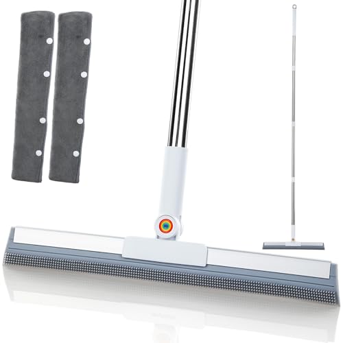 Magic Squeegee Broom for Floors, 62 in Handle, Rubber Pet Hair Remover | Works on tile, concrete, carpet and windows; includes 2 microfiber pads for wet and dry cleaning