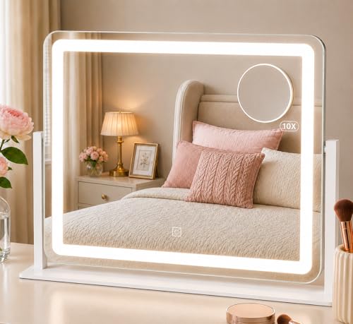 HNV 22"x17" Lighted Vanity Mirror, 3-Color Dimmable LED Makeup Mirror with Power Adapter, Sturdy Aluminum Frame 360° Rotating Desktop Mirror, White - color: White, size: 22"L x 17"W