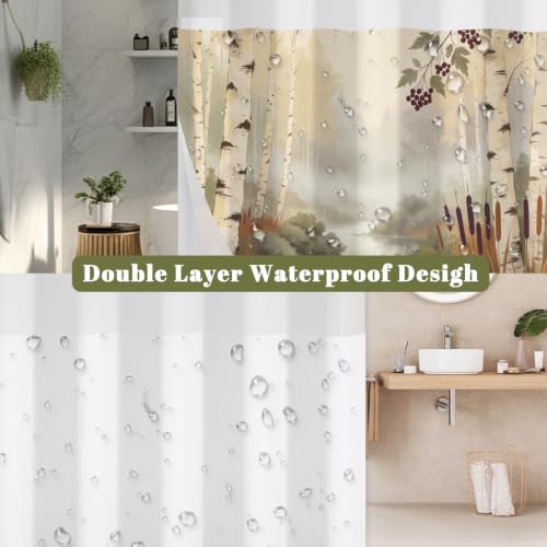 No Hook Birch Trees Shower Curtain with Snap in Liner, 71Wx74L | Double Layer Waterproof Bath Curtain with Mesh Top, Nature Misty Forest Woodland & Lake Landscape Print for Rustic Bathroom - color: Nature Landscape