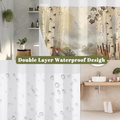 No Hook Birch Trees Shower Curtain with Snap in Liner, 71Wx74L | Double Layer Waterproof Bath Curtain with Mesh Top, Nature Misty Forest Woodland & Lake Landscape Print for Rustic Bathroom - color: Nature Landscape