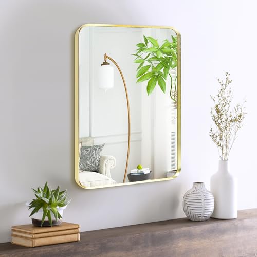 Gold Bathroom Mirror 18x24in, Metal Framed Rounded Rectangle Wall | Tempered Glass, Anti-Rust Frame, Hangs Horizontal or Vertical, HD Reflection Clarity - color: Gold, size: 24"L x 18"W, style: Rectangle