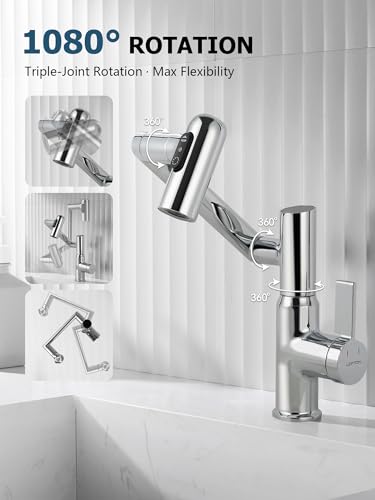 Rotatable Bathroom Faucet with Temperature Display in Fahrenheit (Batteries-Free), 3 Water Modes, Chrome, BF2204-1 - color: Chrome