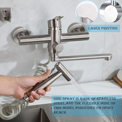 Wall Mount Kitchen Sink Faucets with Side Sprayer, Commercial Faucet, Nickel Brushed Unility Sink Faucet, Mixer Taps, 7.5-8.5 Inch Center, Spout Reach 9.2" - color: A Style, Nickel Brushed