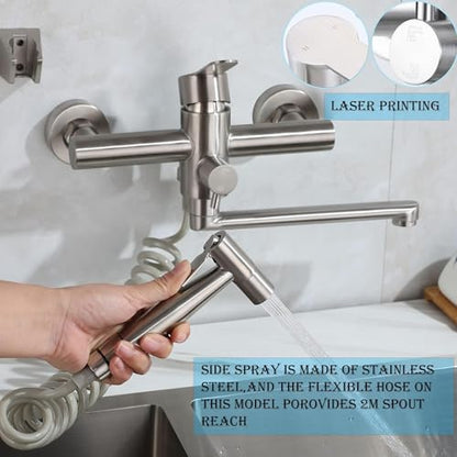 Wall Mount Kitchen Sink Faucets with Side Sprayer, Commercial Faucet, Nickel Brushed Unility Sink Faucet, Mixer Taps, 7.5-8.5 Inch Center, Spout Reach 9.2" - color: A Style, Nickel Brushed