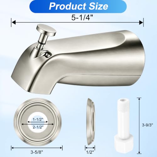 Universal Brushed Nickel Tub Spout with Diverter, Metal Cover and Adapter | Pull Down Bathroom Tub Faucet Replacement, for 1/2" Copper Pipe, 1/2" IPS & 3/4" IPS threaded, Bathtub Spout with Hex Wrench - color: Brushed Nickel