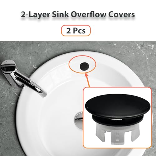 2 Pcs Sink Overflow Covers,2-Layer Sink Copper Over Flow Rings,Bathroom Basin Insert in Hole Round Caps Replacement Dual Layer Overflow Cover Rings for Sink,Bathroom,Kitchen(Black) - color: Black