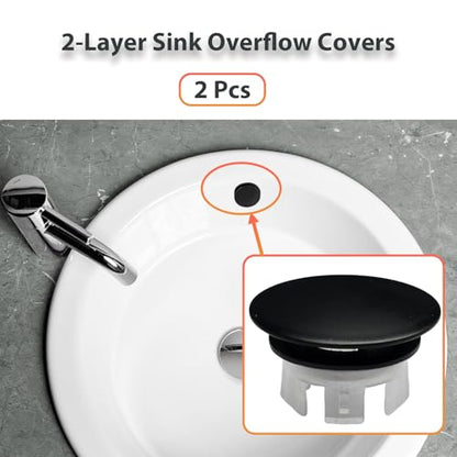 2 Pcs Sink Overflow Covers,2-Layer Sink Copper Over Flow Rings,Bathroom Basin Insert in Hole Round Caps Replacement Dual Layer Overflow Cover Rings for Sink,Bathroom,Kitchen(Black) - color: Black