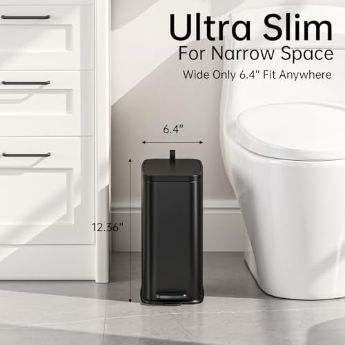 1.6 Gal Small Bathroom Trash Can with Lid, Step Pedal, Slim Black | Stainless Steel Garbage Can, Removable Inner Bucket, Soft Close Lid, Includes 60 Trash Bags for Restroom Bedroom - color: Black