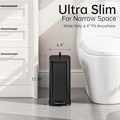 1.6 Gal Small Bathroom Trash Can with Lid, Step Pedal, Slim Black | Stainless Steel Garbage Can, Removable Inner Bucket, Soft Close Lid, Includes 60 Trash Bags for Restroom Bedroom - color: Black