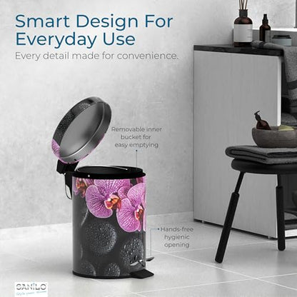 Sanilo Small Bathroom Trash Can with Lid [1.3 Gallon] - Lidded Tiny Trashcan for Garbage - Mini Metal Bin with Soft Closing Mechanism - Bath Room Accessoire Wastebin with Inner Bucket (Madeira) - color: Madeira