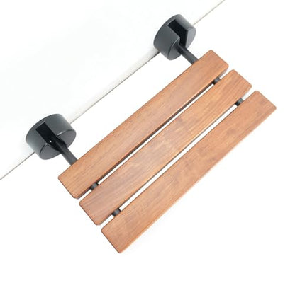 DIYHD 20" Burmese Teak Wood Wall Mounted Folding Shower Bench, Black | Premium Solid Teak Wood with Stainless Steel Bars, 330 lbs Capacity, 14” W x 20” D, Fits 16” Stud Spacing - size: 20"-Black