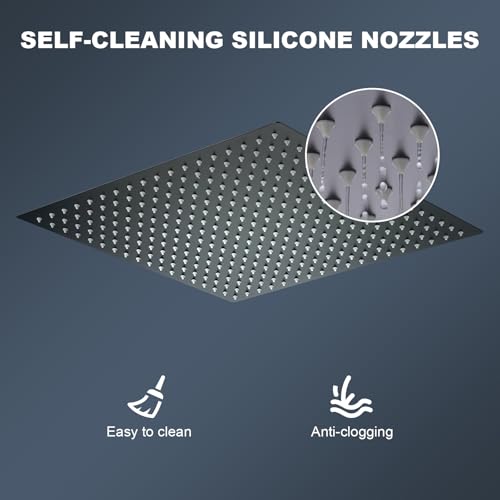 Shower Head,16 Inch Ultra Thin High Pressure Fixed Rain Showerhead Matte Black with Silicone Nozzle - Adjustable Metal Swivel Ball Joint - For the Best Relaxation and Spa