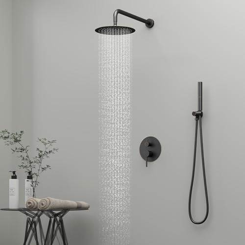 BESy Shower System with 10 Inch Round Rain Shower Head and Handheld Wall Mounted, High Pressure Rainfall Shower Faucet Fixture Combo Set with 2 in 1 Handheld Showerhead for Bathroom, Bronze - color: Bronze