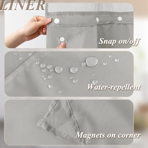 Barossa Design No Hook Shower Curtain Sets with Rugs Light Grey | 3PCS(Curtain with Liner+2 Rugs), Hotel Style Shower Curtain & Snap-in Liner, Non-Slip Bathroom Mat - color: Light Grey