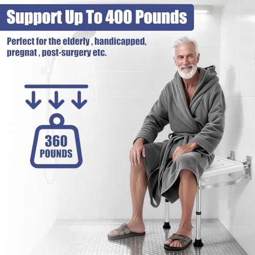 Wall Mounted Folding Shower Seat | Height-Adjustable, 400lbs Heavy Duty Support, Foldable, For Elderly, Adults, Pregnant Women & Disabled