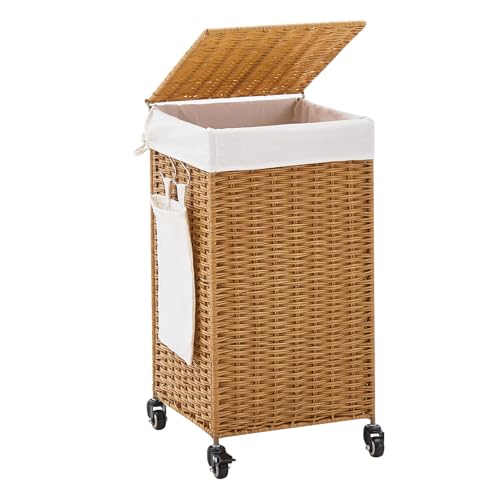 Handwoven Hamper with Lid, Laundry Basket with Wheels, Machine Washable Liner, Clothes Hamper for Bathroom Laundry Room Bedroom(Rattan, 78L) - color: Rattan/With Lid/78L